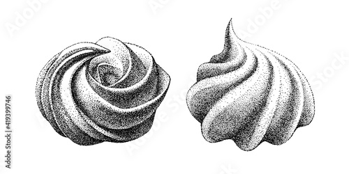 two types of airy french meringue, marshmallow, zefir. Hand drawn vector Illustration in graphic vintage retro style. sweetness, sweet cake, dessert.
