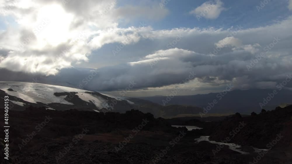 Timelapse of Beautiful landscape with glacier on the Fimmvorduhals trail during sunset, Iceland Timelapse of Beautiful landscape with glacier on the Fimmvorduhals trail during sunset, Iceland