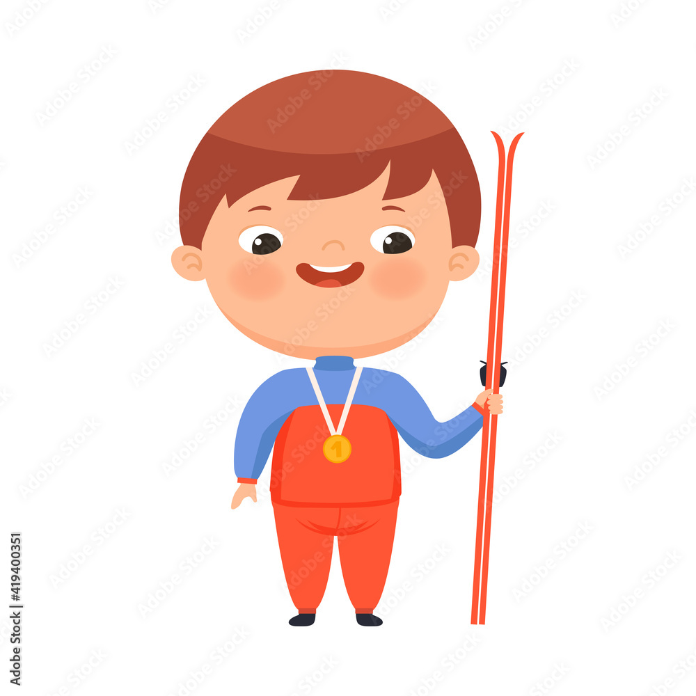 Happy Boy Winner Standing with Gold Medal Hanging on His Neck and Ski Vector Illustration Happy Boy Winner Standing with Gold Medal Hanging on His Neck and Ski Vector Illustration