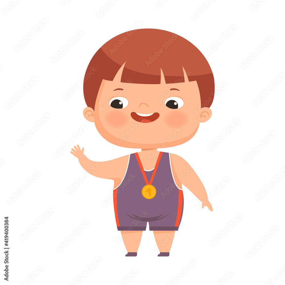 Happy Boy Winner with Gold Medal on His Neck Waving Hand Vector Illustration