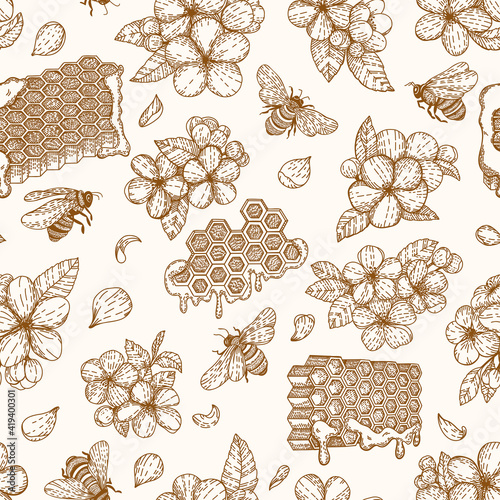 Seamless pattern of honey, bees, honeycomb, flowers. Vector illustration in graphic hand draw sketch style. Linear Art. Organic healthy food. Products for Logo, labels cards and brochures