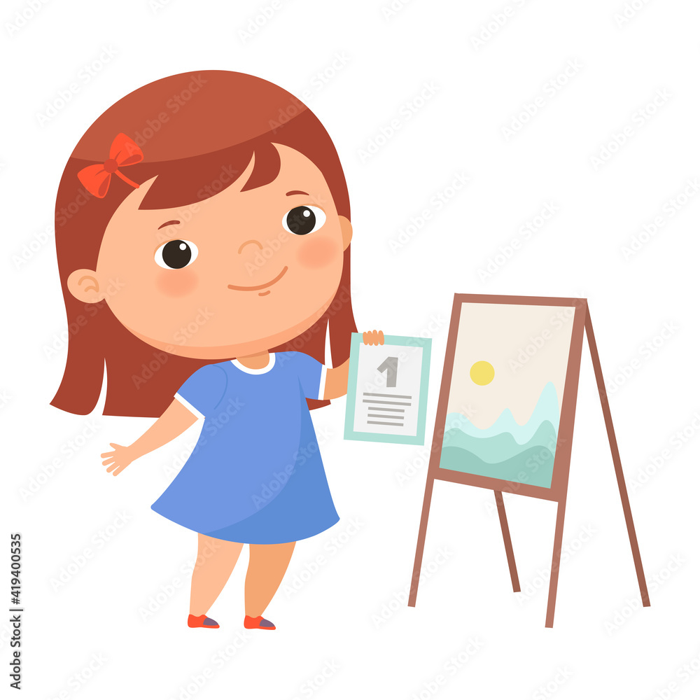 Cute Girl Winner Standing Near Drawing Easel Holding Certificate of Achievement Vector Illustration