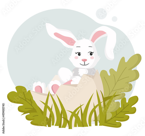 Flat style illustration. Easter rabbit sitting in the egg. There are leaves and grass in the background behind a bunny. You can use it for greeting cards or another Easter decorations.