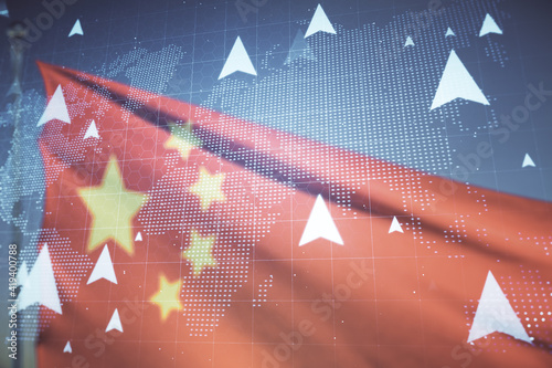 Canvas Print Abstract virtual geolocations map sketch on flag of China and blue sky background, GPS tracking and navigation concept