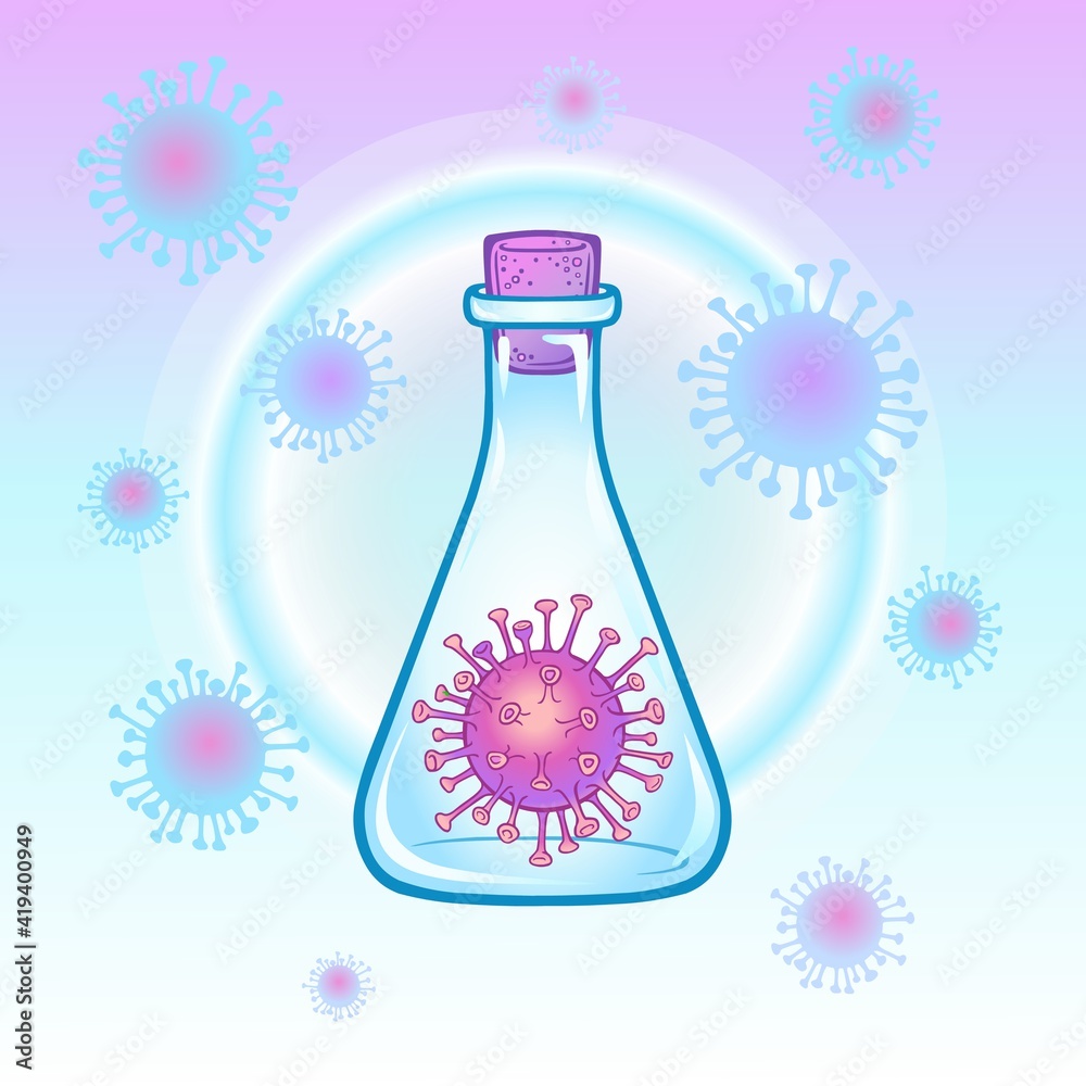 Animation drawing: medical flask with a virus inside. Aura of protection. Vector illustration. Animation drawing: medical flask with a virus inside. Aura of protection. Vector illustration.