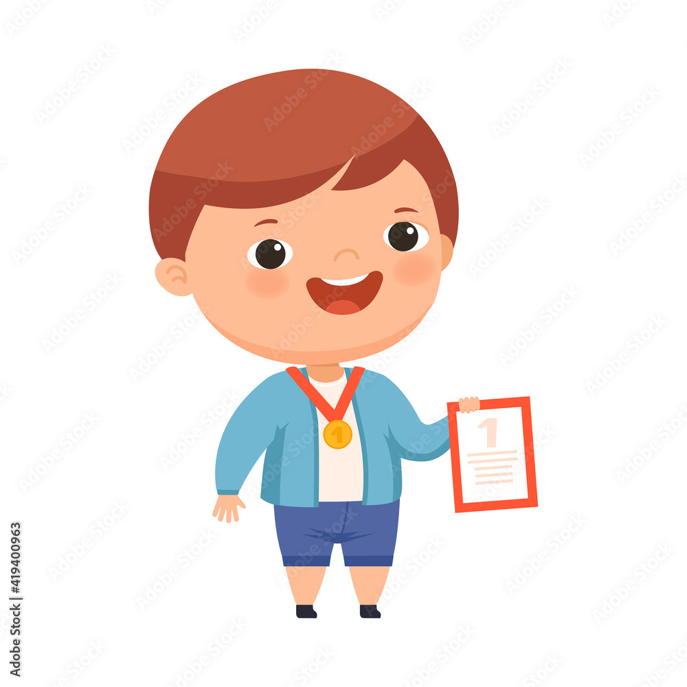 Smiling Boy with Hanging Gold Medal on His Neck and Certificate of Achievement Vector Illustration Smiling Boy with Hanging Gold Medal on His Neck and Certificate of Achievement Vector Illustration
