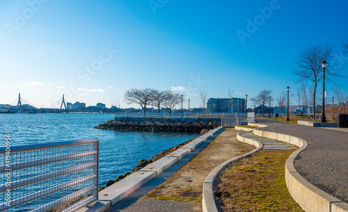 Curved Footpath on the Riverbank in Boston Harbor