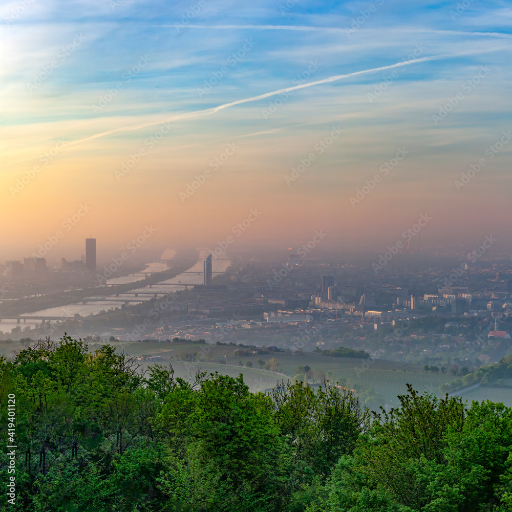 scenic view to Vienna and river Danube in dawn