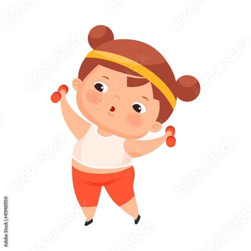 Little Girl with Overweight and Body Fat Doing Physical Exercise with Dumbbells Vector Illustration