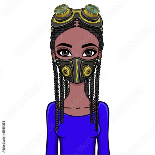 Animation portrait of a young black woman In protective leather mask and steampunk glasses. Template for use. Vector illustration isolated on white background.