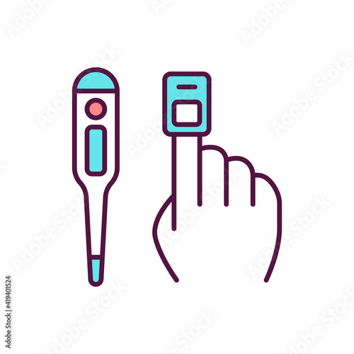 Vital signs measurement RGB color icon. Identifying patient clinical status, parameters. Thermometer, pulse oximetry. Body temperature, pulse, blood pressure examination. Isolated vector illustration