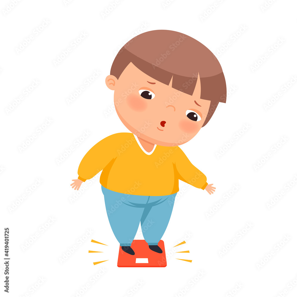 Little Boy with Overweight and Body Fat Standing on Scale Measuring Weight Vector Illustration Little Boy with Overweight and Body Fat Standing on Scale Measuring Weight Vector Illustration