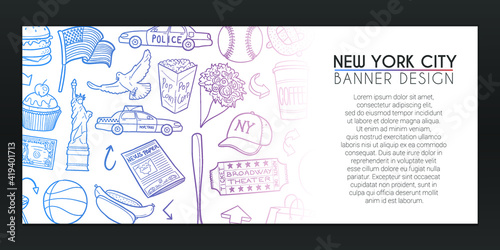 New York Banner Doodle. Monument icons Background Hand drawn. united States Icons illustration. Vector Horizontal Design.