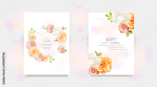 Elegant wedding cards with pink watercolor texture and spring flowers. White peony, pink ranunculus, dusty rose