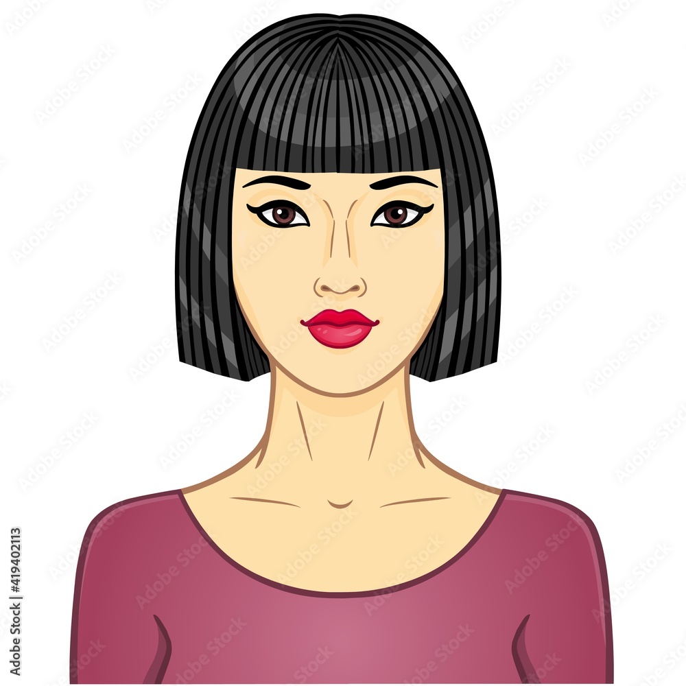 Asian beauty. Animation portrait of the young woman. Color drawing. Template for use. Vector illustration isolated on a white background. Asian beauty. Animation portrait of the young woman. Color drawing. Template for use. Vector illustration isolated on a white background.
