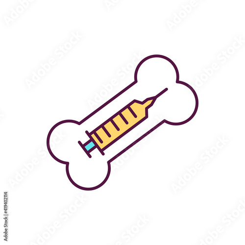 Bone biopsy RGB color icon. Using needle for taking small bone sample. Bone marrow biopsy. Surgical procedure. Examination under microscope for cancer, abnormal cells. Isolated vector illustration