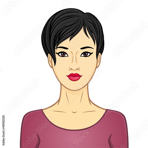 Asian beauty. Animation portrait of the young woman. Color drawing. Template for use. Vector illustration isolated on a white background. 