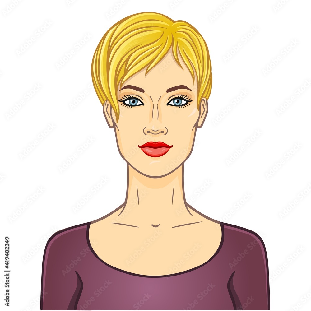 Animation portrait of the young beautiful white woman with blonde hair. Color drawing. Template for use.Vector illustration isolated on white background. Animation portrait of the young beautiful white woman with blonde hair. Color drawing. Template for use.Vector illustration isolated on white background.