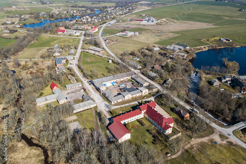 Aerial view of village Ezere and manor, Latvia