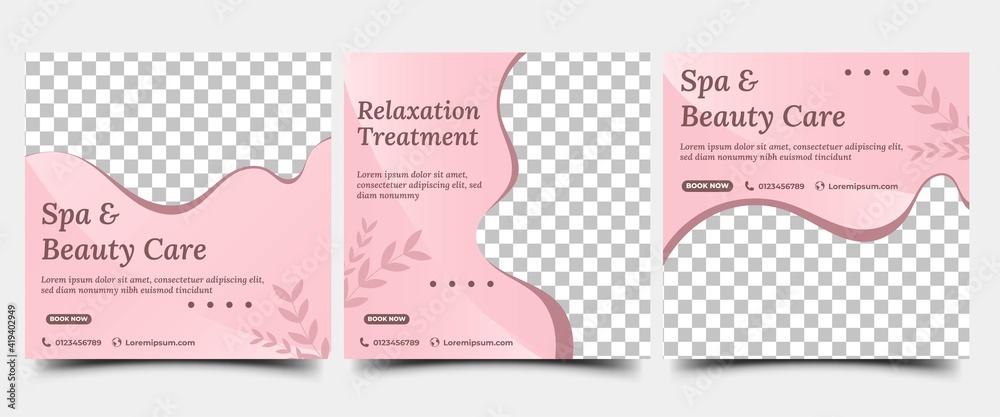 Spa, beauty, and massage social media post template set design. Flat design vector with a photo collage. Suitable for social media, banner, and web internet ads. Spa, beauty, and massage social media post template set design. Flat design vector with a photo collage. Suitable for social media, banner, and web internet ads.