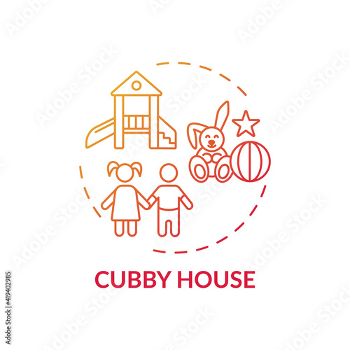 Cubby house concept icon. Outdoor family activities. Creating small play house or area for kids. Place for time spending idea thin line illustration. Vector isolated outline RGB color drawing