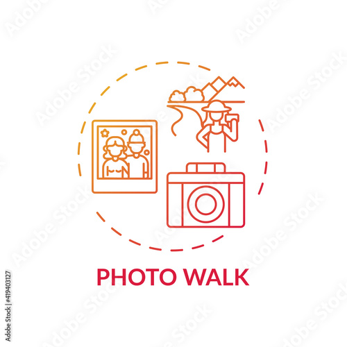 Photo walk concept icon. Outdoor family activities. Walk around town with photocamera. Children taking pictures idea thin line illustration. Vector isolated outline RGB color drawing