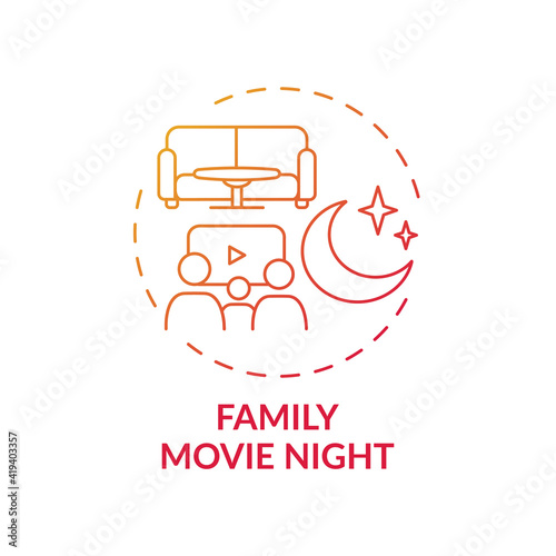 Family movie night concept icon. Indoor family activities. Watching interesting films with children. Relaxing family evening idea thin line illustration. Vector isolated outline RGB color drawing