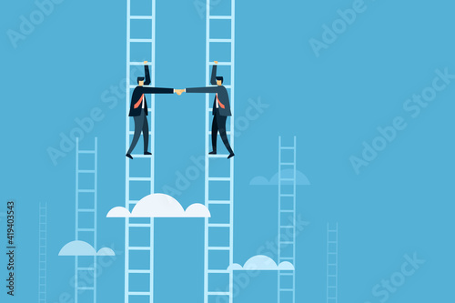 Businessmen shaking hands while climbing up ladders that go high up in the sky