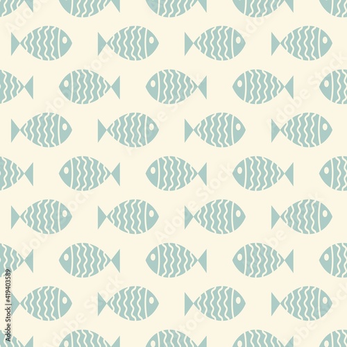 Nautical seamless pattern with swimming cartoon fish