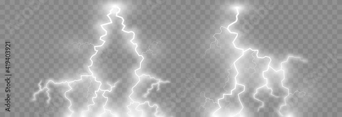 Vector lightning, lightning png set, thunderstorm, lighting. Natural phenomenon, light effect. PNG.