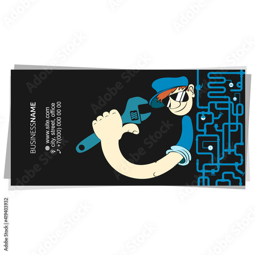 Cheerful plumber with wrench in hand business card for plumbing repair