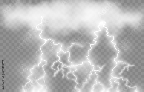 Vector lightning, lightning png, thunderstorm, lighting. Lightning strikes from the cloud. Natural phenomenon, light effect. PNG.