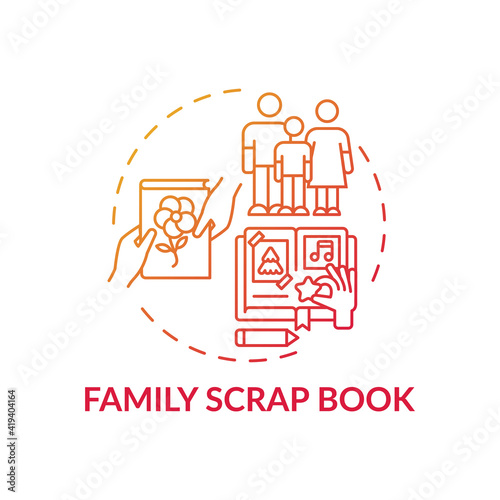 Family scrap book concept icon. Family bonding tips. Creating history of your family photo book. Activity for future generations idea thin line illustration. Vector isolated outline RGB color drawing