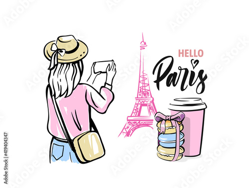 Woman tourist makes photo on smartphone of Eiffel Tower. Illustration for prints on t-shirts bags, posters, cards