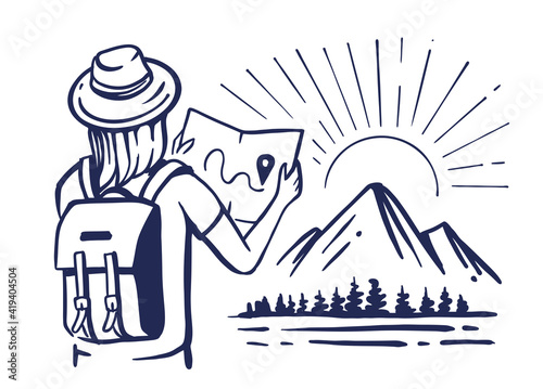 Woman looking at tourist map. Sketch nature with mountains. Illustration for prints on t-shirts bags, posters, cards