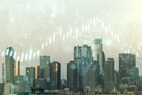 Multi exposure of abstract financial diagram and world map on Los Angeles office buildings background, banking and accounting concept