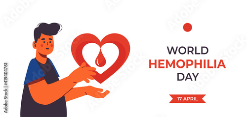 World Hemophilia Day. Blood donation and anemia concept. Man holding big bleeding heart with red drop. WHD is held annually on April 17. Isolated on white background. 