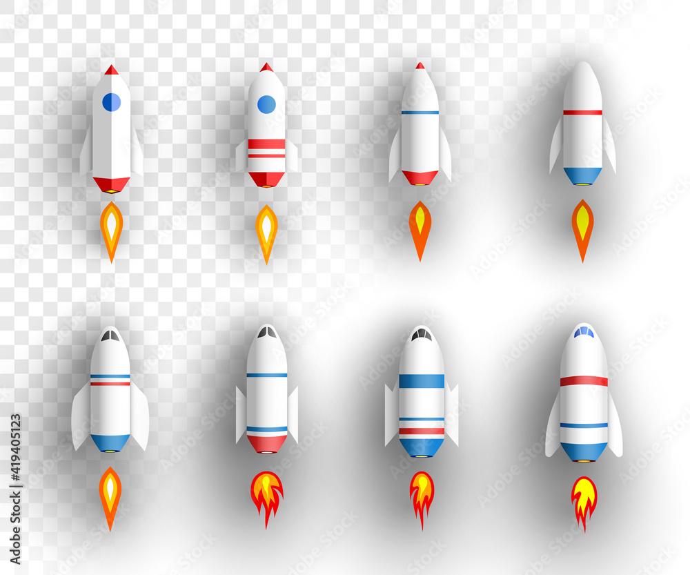 Rockets on transparent background. Collection of spaceships. Vector illustration. Rockets on transparent background. Collection of spaceships. Vector illustration.