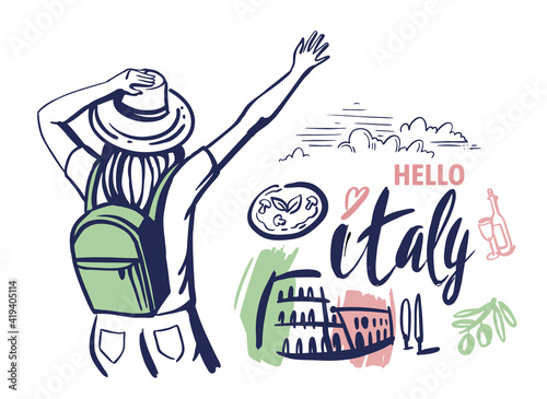 Woman tourist waving her hand to Italy. Travel theme sketch with sights. Illustration for prints on t-shirts bags, posters, cards