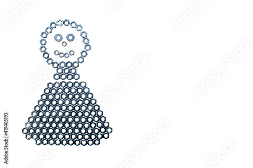 image of a doll lined with metal nuts on a white background