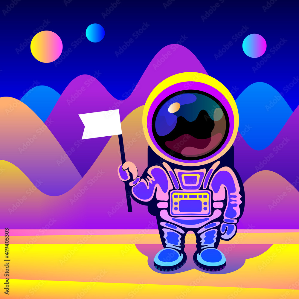 Cosmonaut is standing over fantastic landscape of alien planet Cosmonaut is standing over fantastic landscape of alien planet