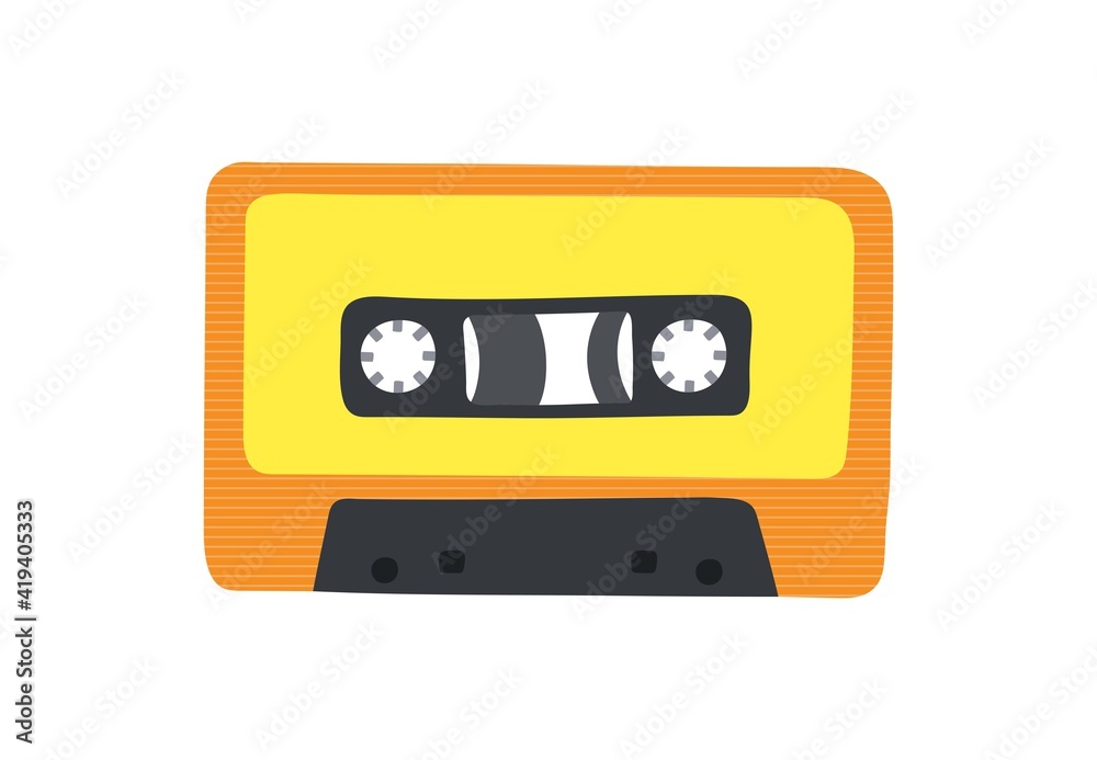 Illustration depicting an audio cassette. Colored print in retro style.