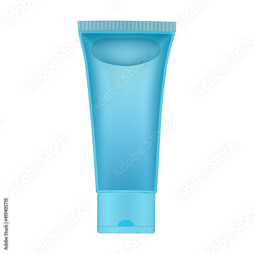 Light blue transparent gel tube. Mineral thermal water, lotion. Bubble inside. Moisturizer. Korean cosmetics. Realistic vector illustration. 3d mockup. Blueberry shampoo. Micellar cleansing water