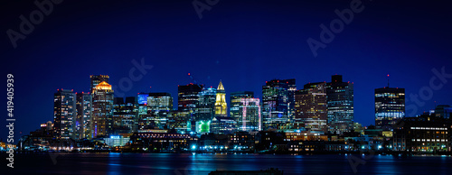 Panoramic Night Cityscape Boston Skyline over Boston Harbor