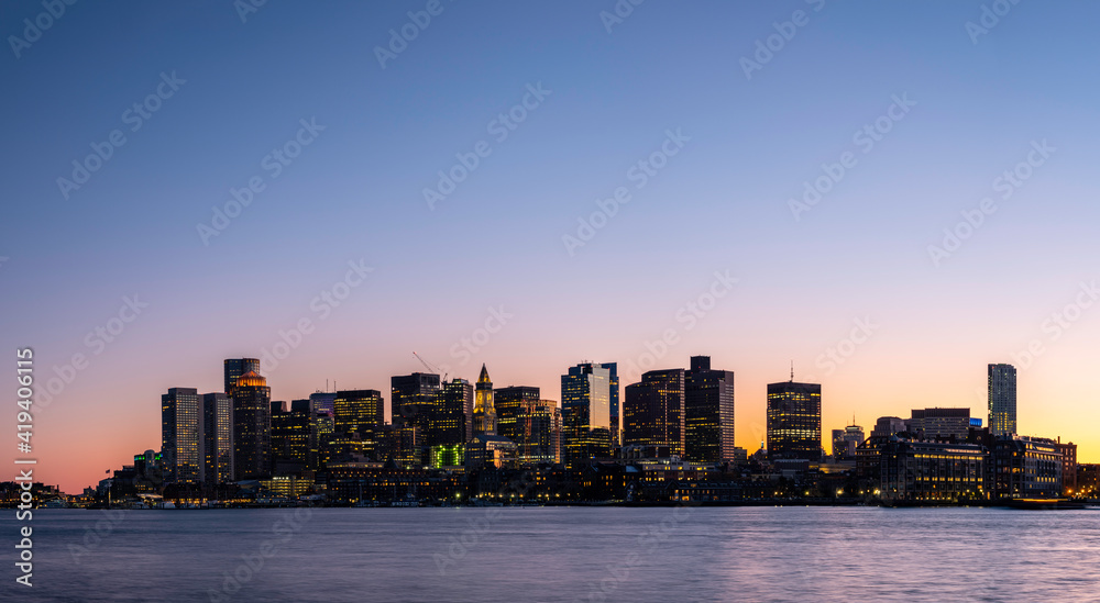Panoramic Night Cityscape Boston Skyline over Mystic River in Boston