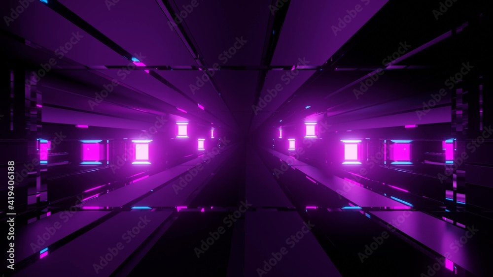 Neon purple lights in dark tunnel 3d illustration