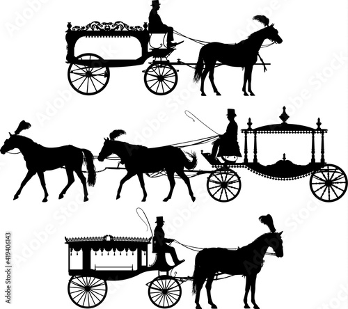Foto Three different horse drawn hearse carriage vector silhouette