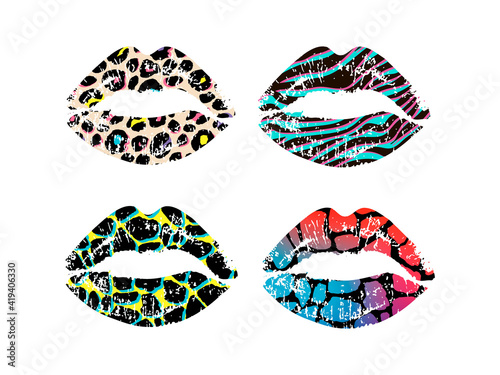 Lips with leopard texture. Grunge wallpaper in vector print giraffe zebra