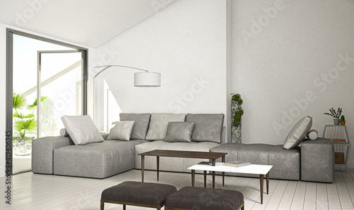 Helle Wohnung mit Dachterrasse und großem Sofa (3d rendering)