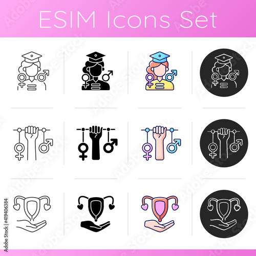 Women in government icons set. Paid maternity leave. Feminism. Sexual and reproductive rights. Equal education opportunities.Linear, black and RGB color styles. Isolated vector illustrations